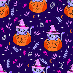 Seamless halloween pattern. Cute cat witch leaves foliage pumpkin purple magic magical