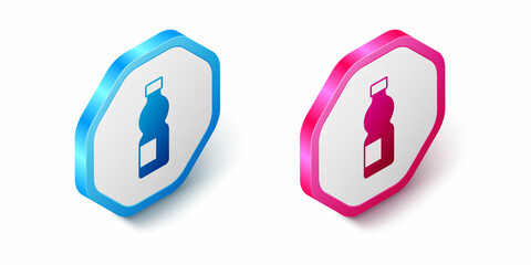 Isometric Bottle of water icon isolated on white background. Soda aqua drink sign. Hexagon button. Vector