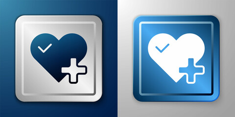 White Heart rate icon isolated on blue and grey background. Heartbeat sign. Heart pulse icon. Cardiogram icon. Silver and blue square button. Vector