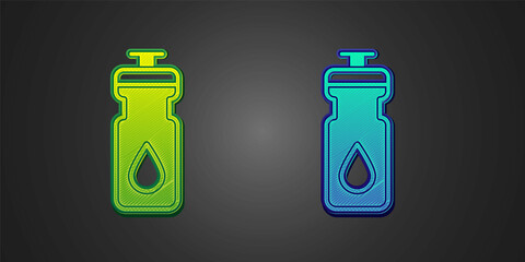 Green and blue Fitness shaker icon isolated on black background. Sports shaker bottle with lid for water and protein cocktails. Vector