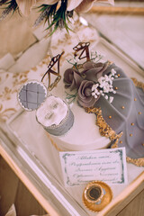 Wedding details. White cake made for engagement day. 