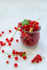 Red currant berries in a transparent glass on the table