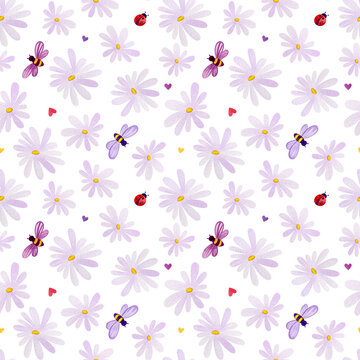 Seamless pattern of shoulders, daisies and ladybugs.