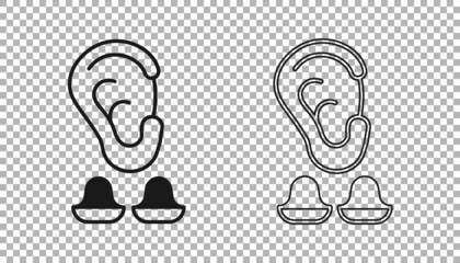Black Earplugs and ear icon isolated on transparent background. Ear plug sign. Noise symbol. Sleeping quality concept. Vector