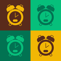 Pop art Alarm clock icon isolated on color background. Wake up, get up concept. Time sign. Vector