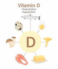 Collection of vitamin D sources. Cholecalciferol fortified food. Dairy products, fish, mushrooms and eggs. Vitamin for the human body. Flat vector design, cartoon, isolated on white background