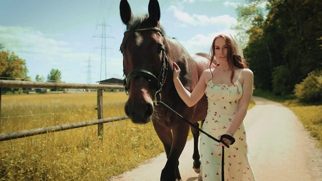Close-up cinematic of a young beautiful woman walks her brown thoroughbred horse on a lovely summer day