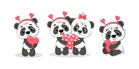 Set of cute cartoon pandas isolated on white.Panda with heart for your design Valentine's Day, birthday, Mother's Day, wedding.