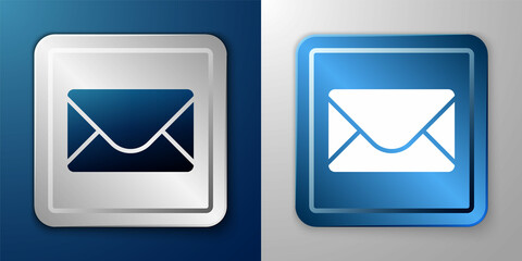 White Mail and e-mail icon isolated on blue and grey background. Envelope symbol e-mail. Email message sign. Silver and blue square button. Vector