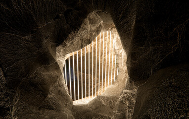 Abstract neon light inside cave stone background