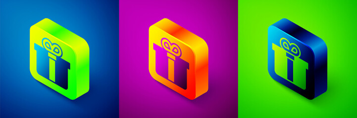 Isometric Gift box icon isolated on blue, purple and green background. Square button. Vector