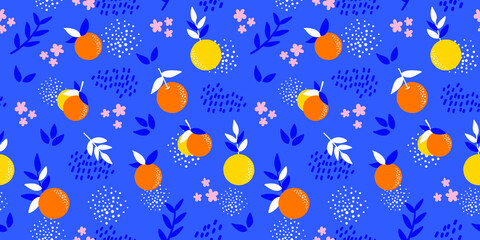 Cute seamless pattern with orange and blossom. Retro and flat style. Summer holiday theme.