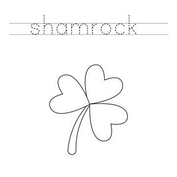 Trace the letters and color cartoon shamrock. Handwriting practice for kids.