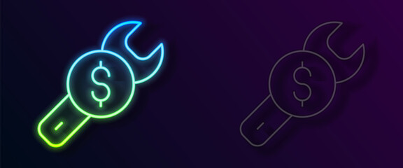 Glowing neon line Repair price icon isolated on black background. Dollar and wrench. Vector