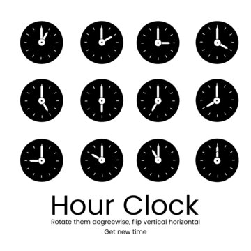 Set of clock. 12 hours clock with minutes and hour hand . Rotating and flipping vertical horizontal gives new time. Black vector icon collection set including every hour timer time. Analog clock icon.