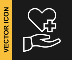 White line Heart with a cross icon isolated on black background. First aid. Healthcare, medical and pharmacy sign. Vector