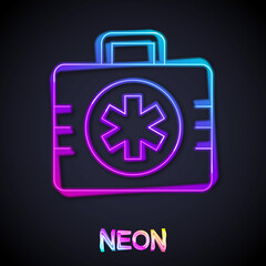 Glowing neon line First aid kit icon isolated on black background. Medical box with cross. Medical equipment for emergency. Healthcare concept. Vector