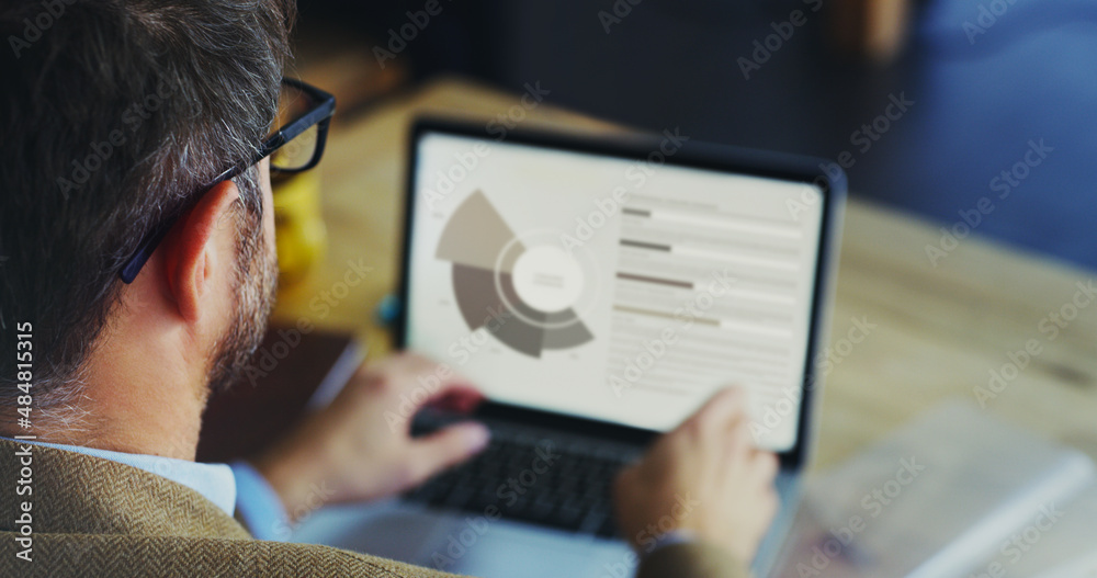 Poster Looking through the data. Rearview shot of an unrecognizable businessman working on a laptop while sitting at his desk in the office.