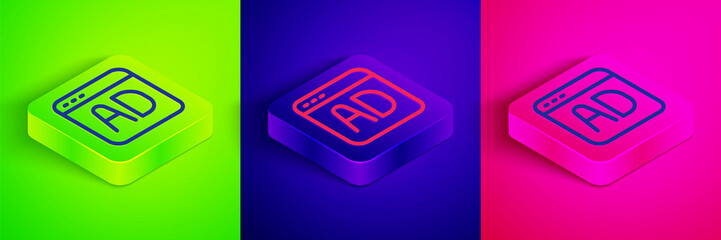 Isometric line Advertising icon isolated on green, blue and pink background. Concept of marketing and promotion process. Responsive ads. Social media advertising. Square button. Vector