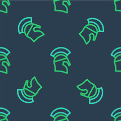 Line Greek helmet icon isolated seamless pattern on blue background. Antiques helmet for head protection soldiers with a crest of feathers or horsehair. Vector