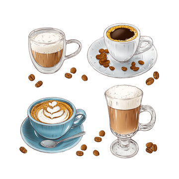 Coffee drinks collection. Espresso, latte and coffee beans on a white
