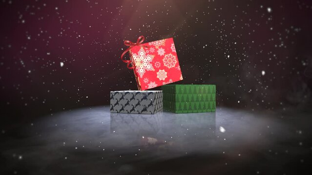 White snow and Christmas gift in box on stage, motion holidays and winter style background for New Year and Merry Christmas