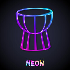 Glowing neon line African darbuka drum icon isolated on black background. Musical instrument. Vector