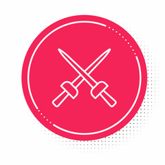 White line Fencing icon isolated on white background. Sport equipment. Red circle button. Vector