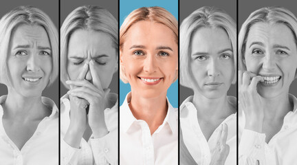Portrait of mature woman in formal outfit looking at camera, showing various positive and negative...