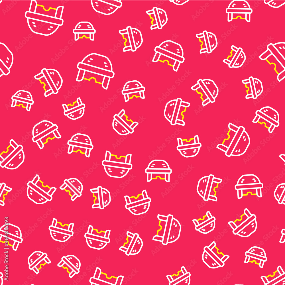 Poster line hockey helmet icon isolated seamless pattern on red background. vector