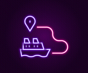 Glowing neon line Ship line path of ship sea route with start point GPS and black line icon isolated on black background. Colorful outline concept. Vector