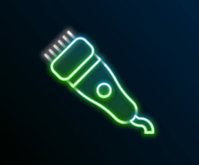 Glowing neon line Electrical hair clipper or shaver icon isolated on black background. Barbershop symbol. Colorful outline concept. Vector