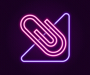 Glowing neon line Paper clip icon isolated on black background. Colorful outline concept. Vector