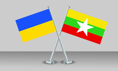 Crossed flags of Ukraine and Myanmar (Burma). Official colors. Correct proportion. Banner design
