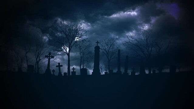 Night landscape with mystical clouds and grave on cemetery, motion horror, mystical and Halloween style background