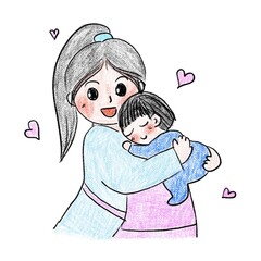 illustration of happy mother’s day. Mother hug daughter.