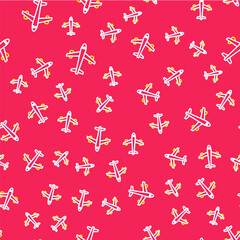 Line Plane icon isolated seamless pattern on red background. Flying airplane icon. Airliner sign. Vector