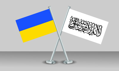 Crossed flags of Ukraine and Taliban. Official colors. Correct proportion. Banner design
