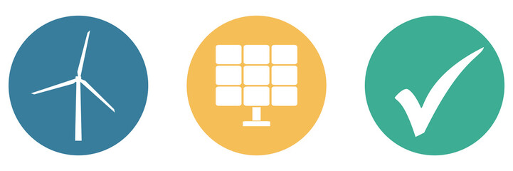 Bunter Banner mit 3 Buttons: Energie aus Windkraft und Solar