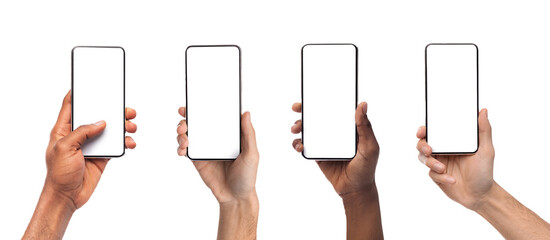 Diverse people showing smartphones with empty screens, closeup