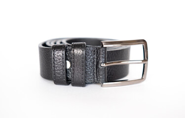 Mens black genuine leather belt Isolated over white background with clipping path included