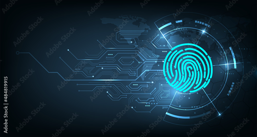 Poster fingerprint scanning on dark blue technology background.cyber security background.data protection, p
