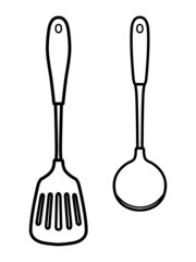 おたまとフライ返し　イラスト素材　白黒