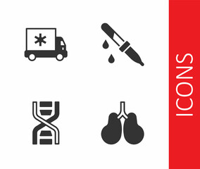 Set Lungs, Ambulance car, DNA symbol and Pipette icon. Vector