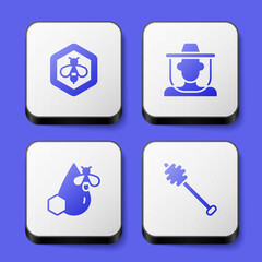 Set Bee and honeycomb, Beekeeper with protect hat, and Honey dipper stick icon. White square button. Vector