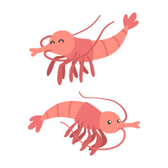 Shrimp Character as Aquatic Mammal with Funny Face Vector Illustration Set