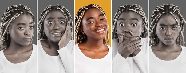 Portrait of young african american woman showing various positive and negative emotions, collage, panorama