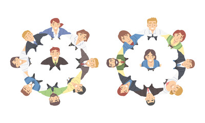 Smiling Business People Characters Embracing Arranging Circle Looking Up Above View Vector Illustration Set