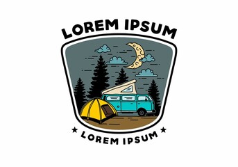 Half moon camping with campervan illustration