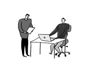 椅子に座ってパソコンを触る男性と、タブレットを持って立つ男性
（横、中央配置）